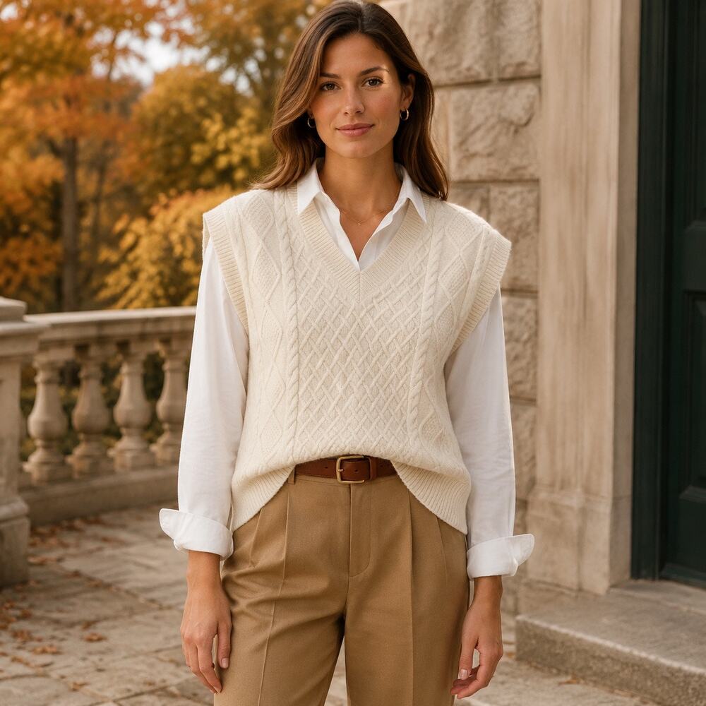 Coastal Grandmother Preppy Luxury Madewell Cable Knit Wool Sweater Vest Cream XS